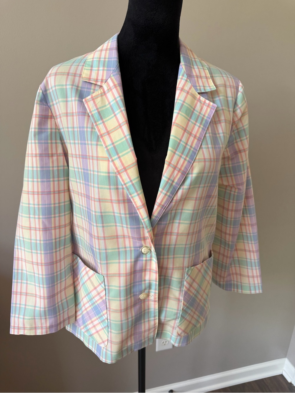Cristin Stevens Vintage Pastel Plaid Two Button Front Blazer 3/4 Sleeves Medium